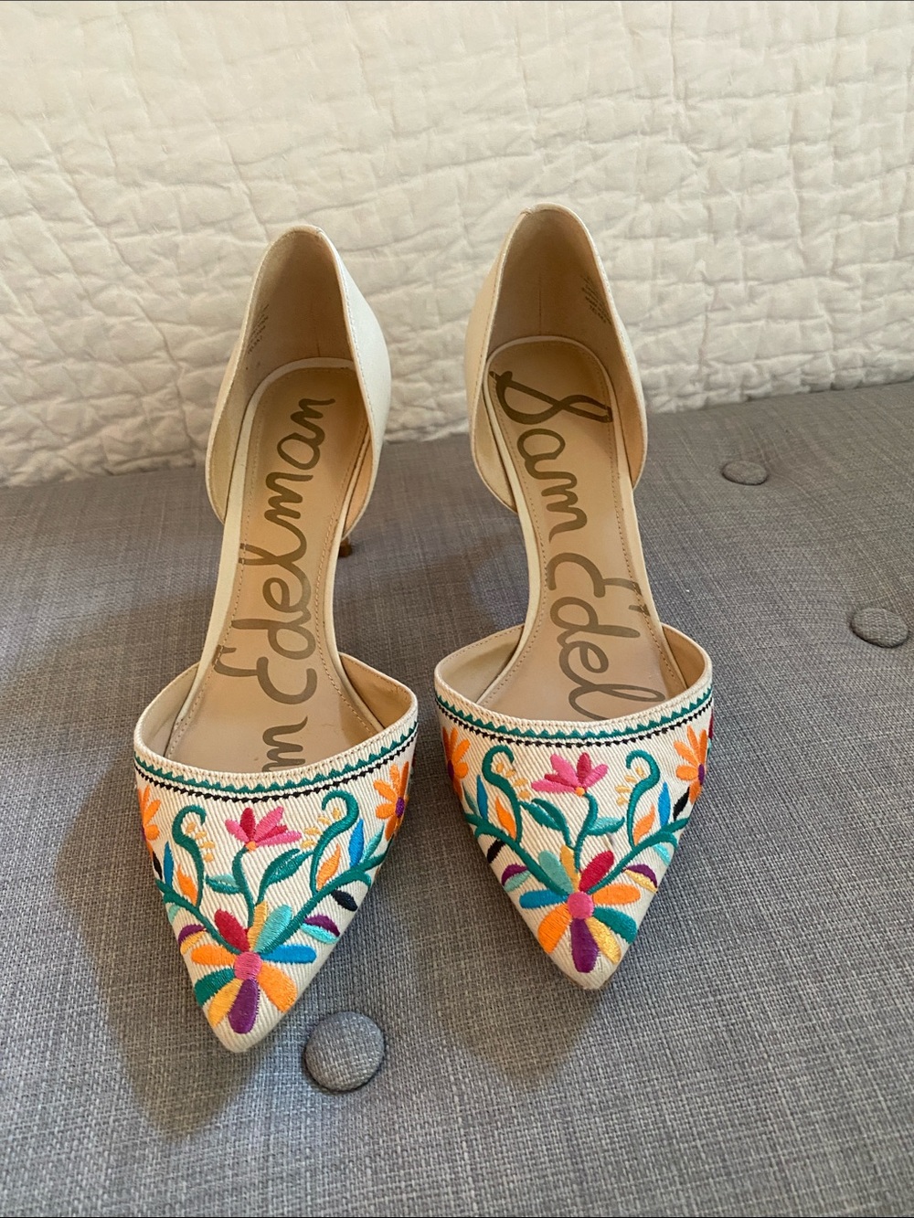 Sam Edelman Cream Embroidered D'Orsay Heels with Multicolor Floral Accents